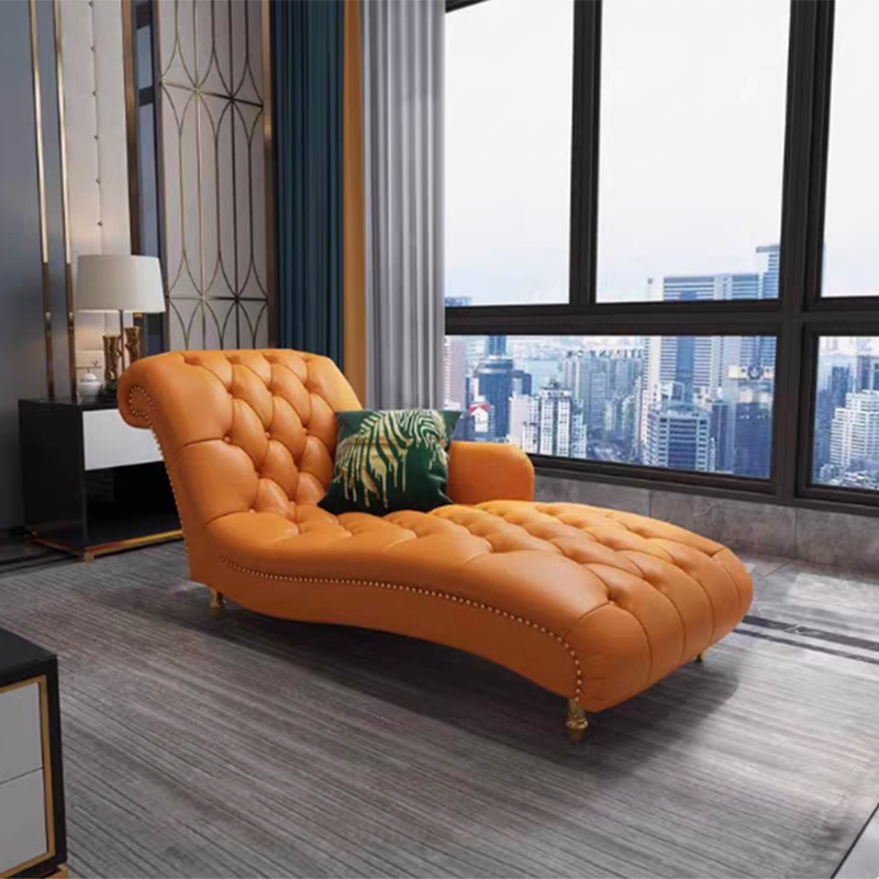 Contemporary Luxury Rectangular Nappa Leather Solid Wood Stainless Steel Accent Chair Chaise Lounge Backrest Armrest For Living Room