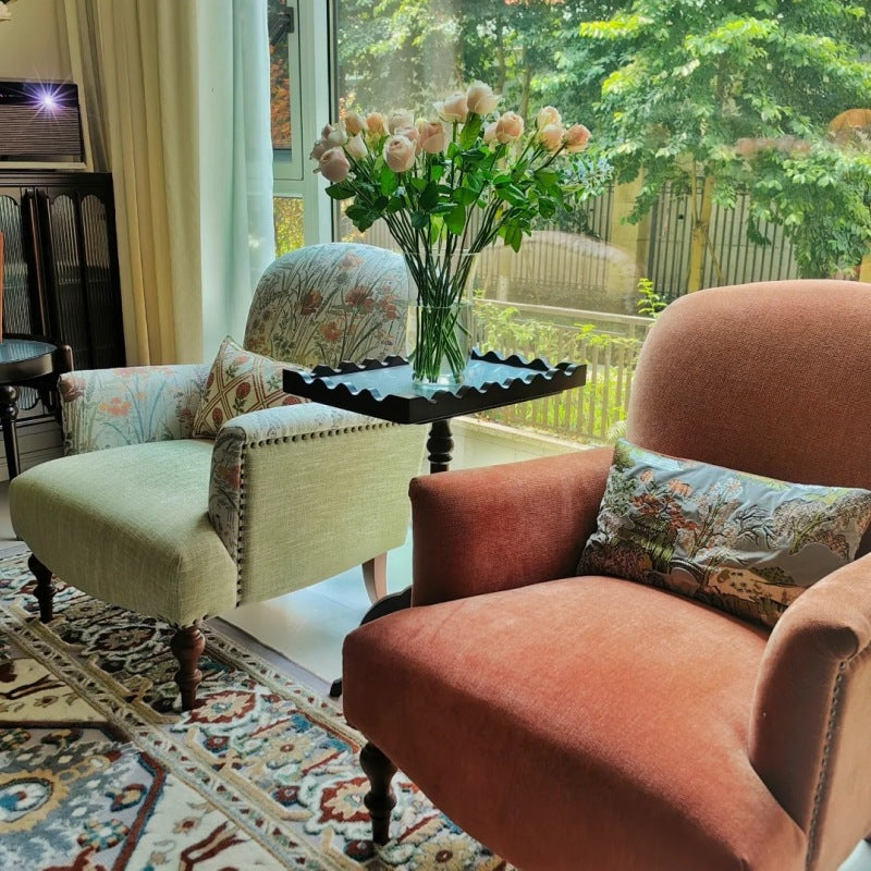Traditional French Rectangular Fabric Solid Wood Accent Chair Backrest Armrest For Living Room