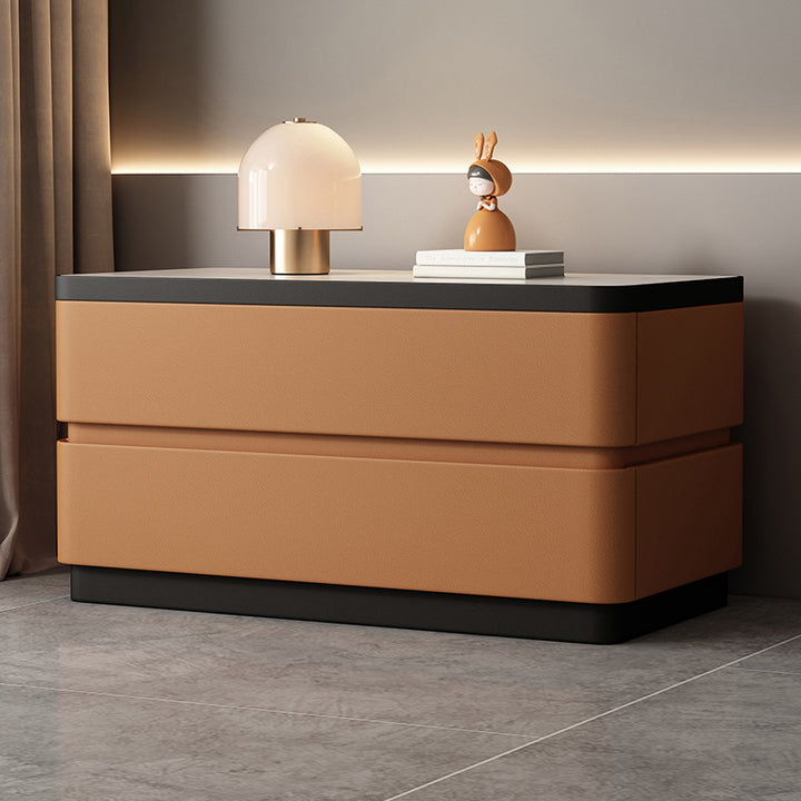 Moderner minimalistischer rechteckiger Steintafel-Nachttisch aus Massivholz mit Katzenpfotenleder, 2 Schubladen für das Schlafzimmer 