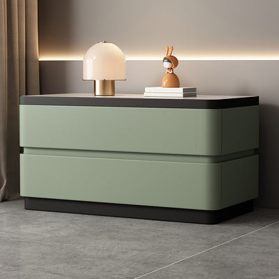 Modern Minimalist Rectangular Stone Slab Solid Wood Cat's Paw Leather Nightstand 2- Drawer For Bedroom