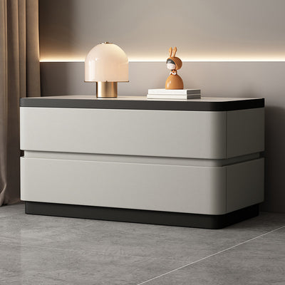 Modern Minimalist Rectangular Stone Slab Solid Wood Cat's Paw Leather Nightstand 2- Drawer For Bedroom