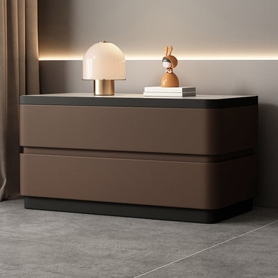 Modern Minimalist Rectangular Stone Slab Solid Wood Cat's Paw Leather Nightstand 2- Drawer For Bedroom