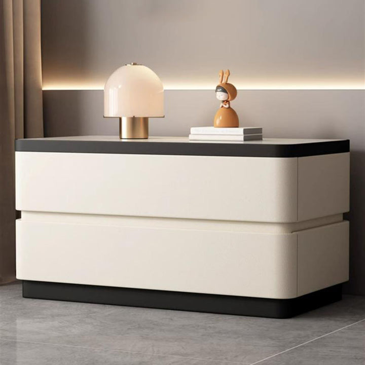 Moderner minimalistischer rechteckiger Steintafel-Nachttisch aus Massivholz mit Katzenpfotenleder, 2 Schubladen für das Schlafzimmer 
