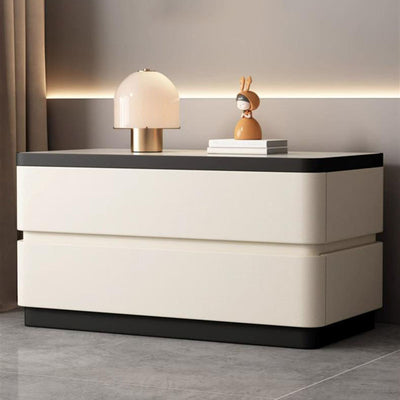 Modern Minimalist Rectangular Stone Slab Solid Wood Cat's Paw Leather Nightstand 2- Drawer For Bedroom