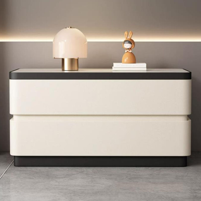 Moderner minimalistischer rechteckiger Steintafel-Nachttisch aus Massivholz mit Katzenpfotenleder, 2 Schubladen für das Schlafzimmer 