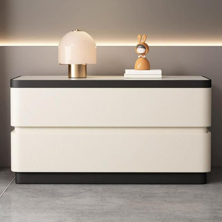 Moderner minimalistischer rechteckiger Steintafel-Nachttisch aus Massivholz mit Katzenpfotenleder, 2 Schubladen für das Schlafzimmer 