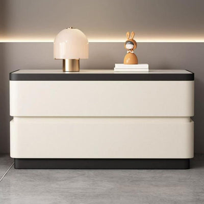 Modern Minimalist Rectangular Stone Slab Solid Wood Cat's Paw Leather Nightstand 2- Drawer For Bedroom