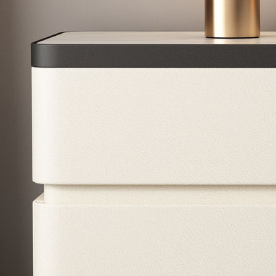 Modern Minimalist Rectangular Stone Slab Solid Wood Cat's Paw Leather Nightstand 2- Drawer For Bedroom