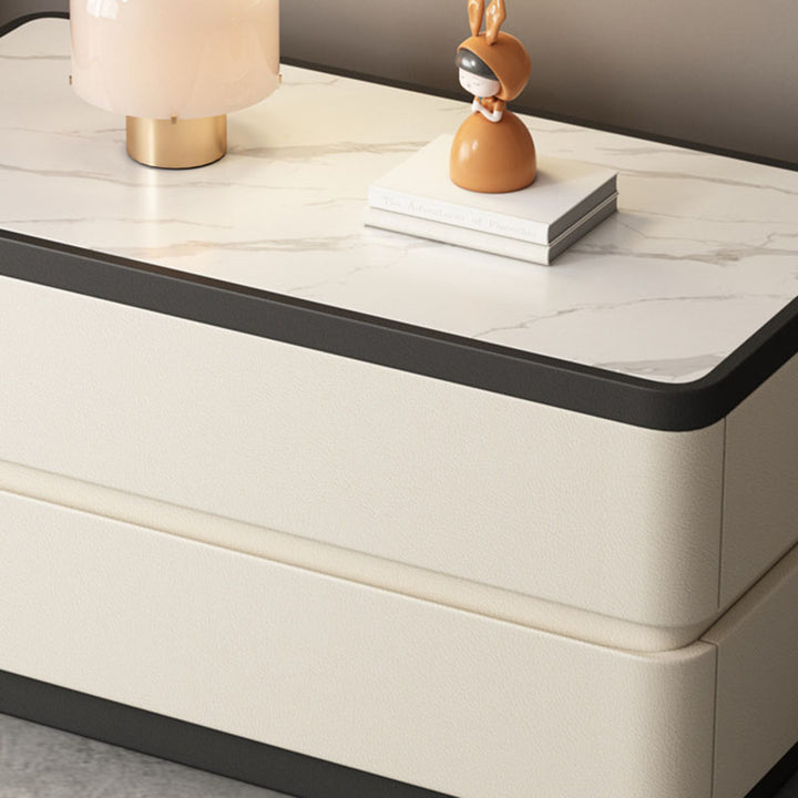 Moderner minimalistischer rechteckiger Steintafel-Nachttisch aus Massivholz mit Katzenpfotenleder, 2 Schubladen für das Schlafzimmer 