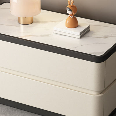 Modern Minimalist Rectangular Stone Slab Solid Wood Cat's Paw Leather Nightstand 2- Drawer For Bedroom