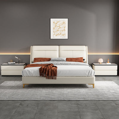 Modern Minimalist Rectangular Stone Slab Solid Wood Cat's Paw Leather Nightstand 2- Drawer For Bedroom