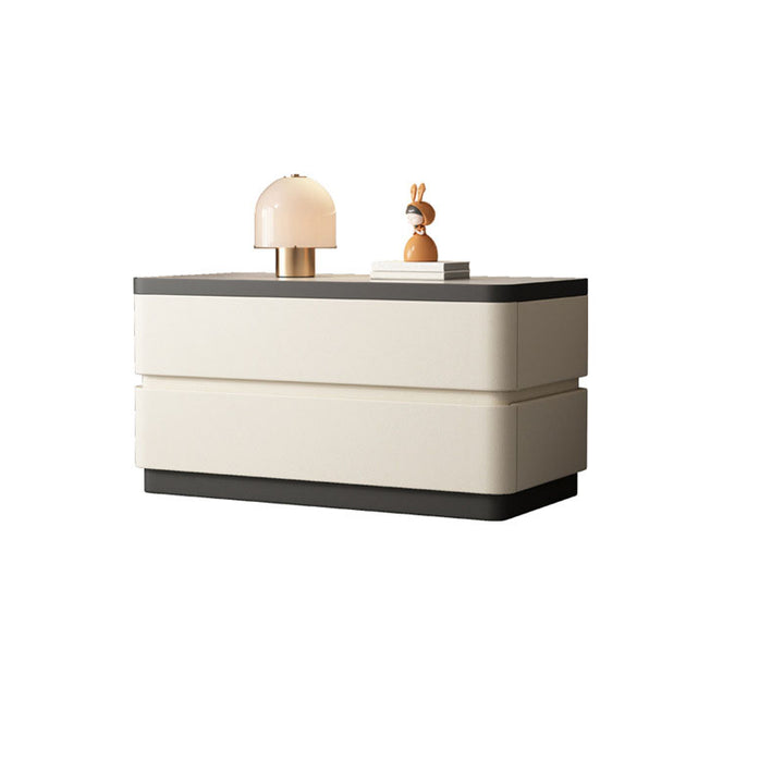 Moderner minimalistischer rechteckiger Steintafel-Nachttisch aus Massivholz mit Katzenpfotenleder, 2 Schubladen für das Schlafzimmer 