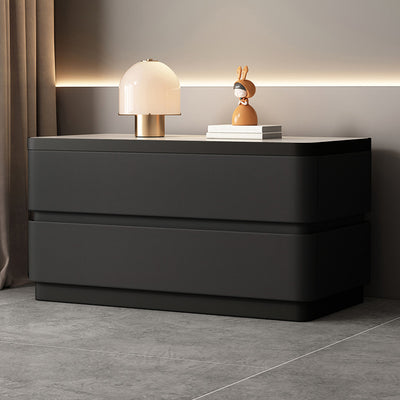 Modern Minimalist Rectangular Stone Slab Solid Wood Cat's Paw Leather Nightstand 2- Drawer For Bedroom