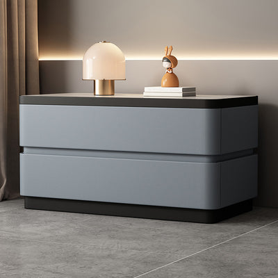 Modern Minimalist Rectangular Stone Slab Solid Wood Cat's Paw Leather Nightstand 2- Drawer For Bedroom