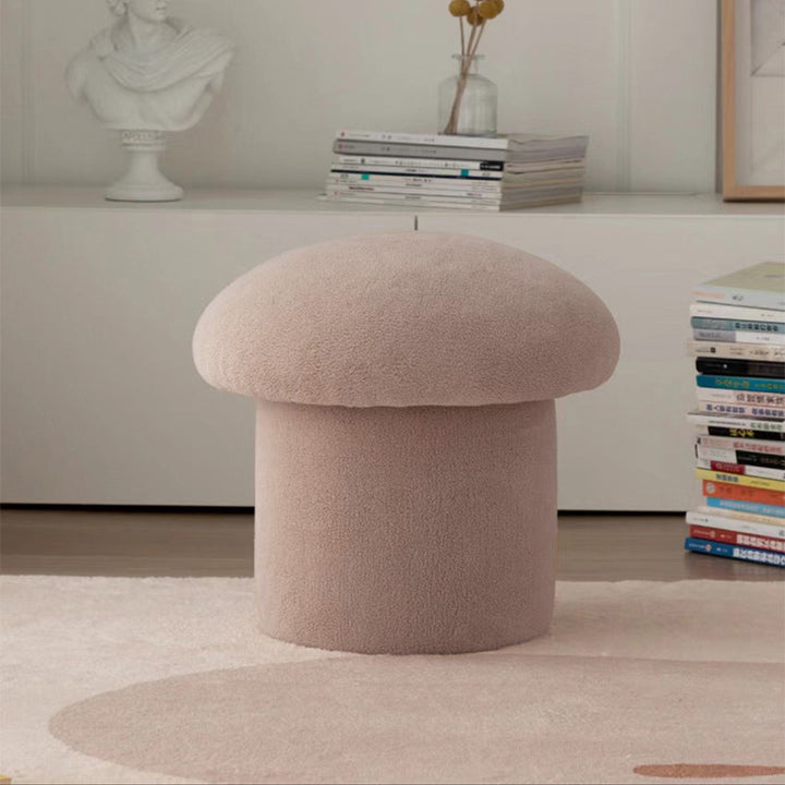Moderner minimalistischer Zylinder-Hocker in Pilzform aus Sherpa-Fleece und Holz für den Schminktisch im Schlafzimmer 