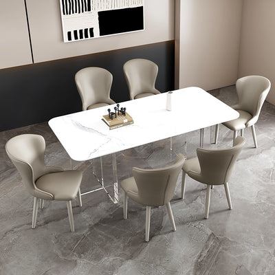 Silla de comedor de acero al carbono con respaldo tapizado en cuero artificial rectangular cuadrado nórdico contemporáneo para comedor 