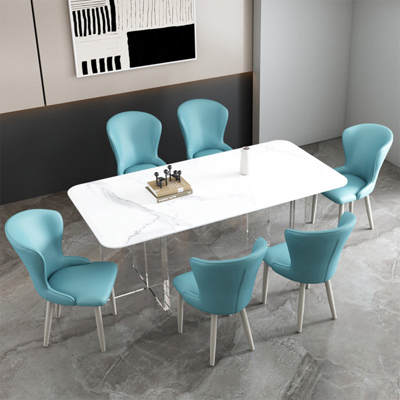 Silla de comedor de acero al carbono con respaldo tapizado en cuero artificial rectangular cuadrado nórdico contemporáneo para comedor 