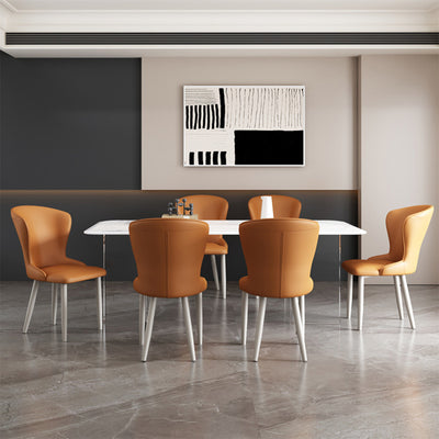 Silla de comedor de acero al carbono con respaldo tapizado en cuero artificial rectangular cuadrado nórdico contemporáneo para comedor 