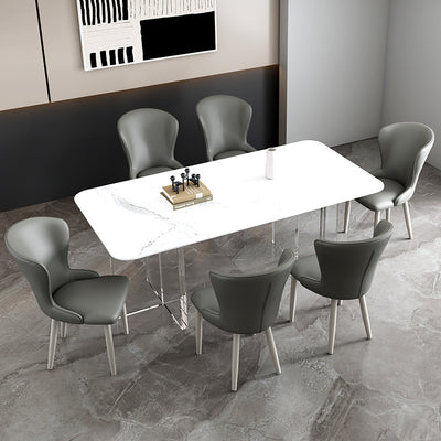 Silla de comedor de acero al carbono con respaldo tapizado en cuero artificial rectangular cuadrado nórdico contemporáneo para comedor 