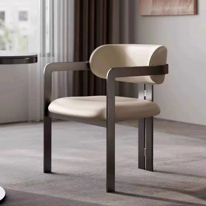 Contemporary Nordic Square Upholstered Stainless Steel Frame Leather Dining Chair Curved Backrest Armrest for Dining Room
