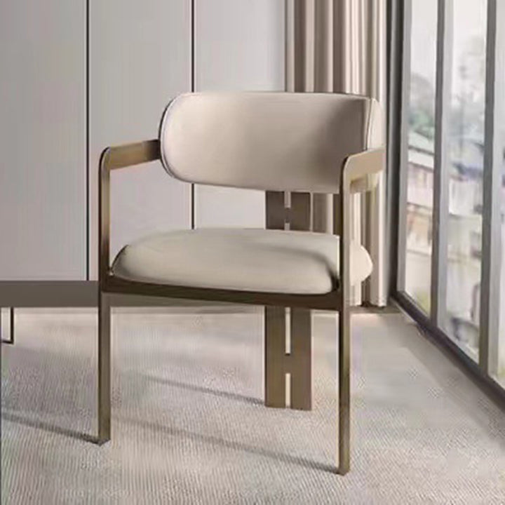 Chaise de salle à manger contemporaine nordique carrée en acier inoxydable rembourrée en cuir microfibre avec dossier incurvé et accoudoir 
