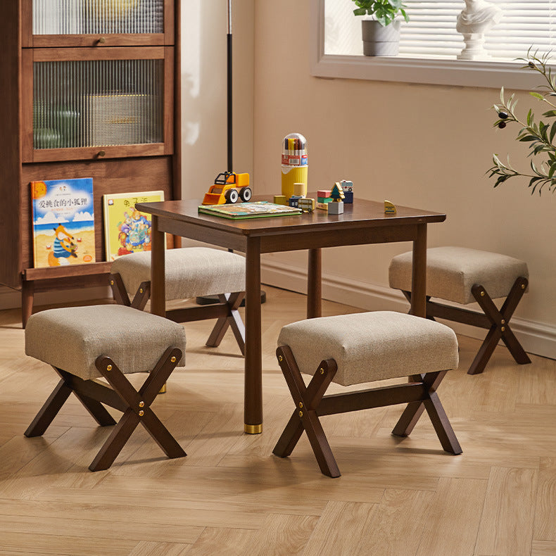 Tabouret bas moderne minimaliste rectangulaire en forme de X avec cadre en bois et tissu en coton et lin pour salon 