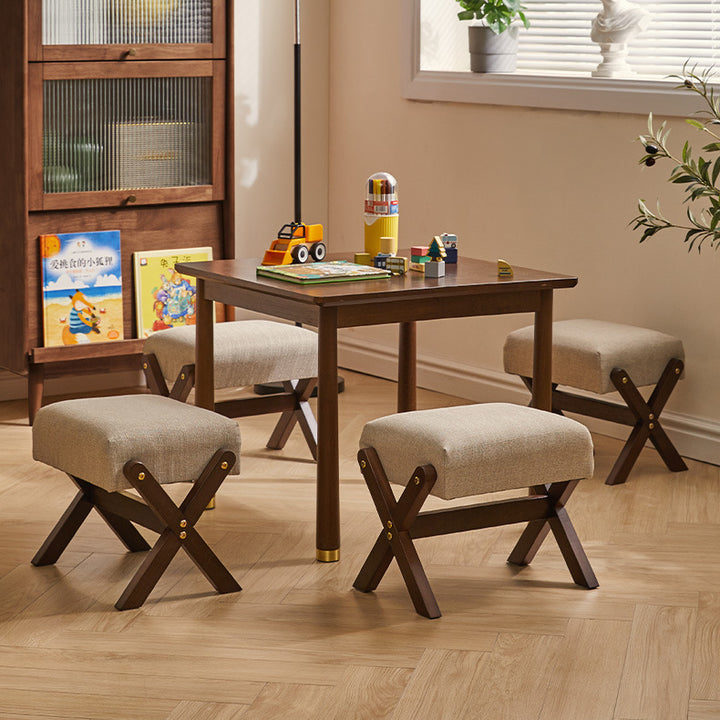 Tabouret bas moderne minimaliste rectangulaire en forme de X avec cadre en bois et tissu en coton et lin pour salon 