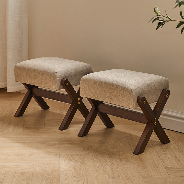 Tabouret bas moderne minimaliste rectangulaire en forme de X avec cadre en bois et tissu en coton et lin pour salon 