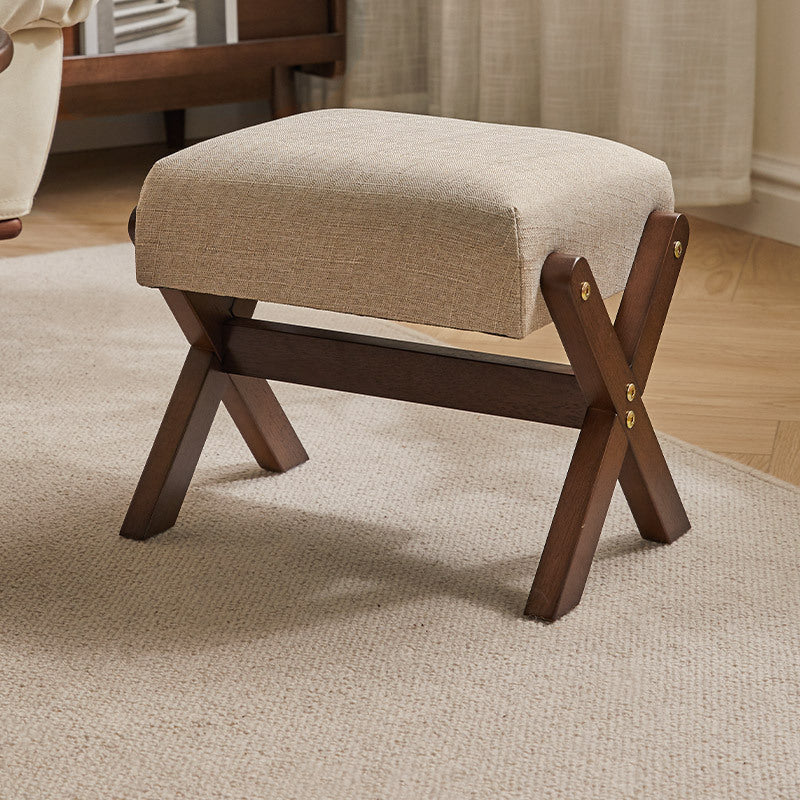 Tabouret bas moderne minimaliste rectangulaire en forme de X avec cadre en bois et tissu en coton et lin pour salon 