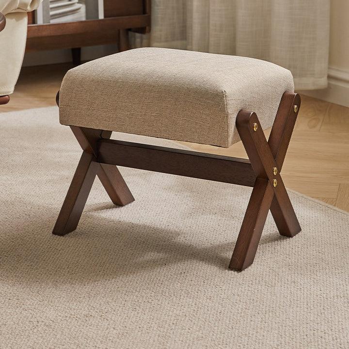 Tabouret bas moderne minimaliste rectangulaire en forme de X avec cadre en bois et tissu en coton et lin pour salon 