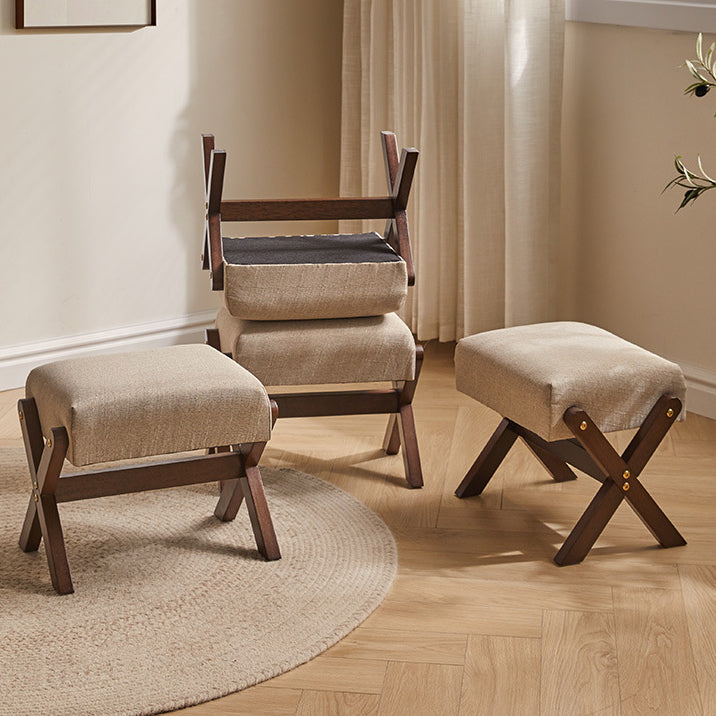 Tabouret bas moderne minimaliste rectangulaire en forme de X avec cadre en bois et tissu en coton et lin pour salon 