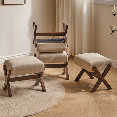 Modern Minimalist Rectangle X Shape Wooden Frame Cotton Linen Fabric Low Stool For Living Room