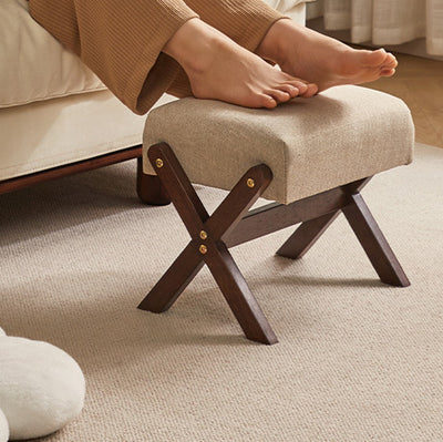 Modern Minimalist Rectangle X Shape Wooden Frame Cotton Linen Fabric Low Stool For Living Room