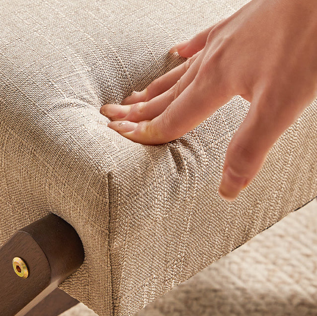 Tabouret bas moderne minimaliste rectangulaire en forme de X avec cadre en bois et tissu en coton et lin pour salon 