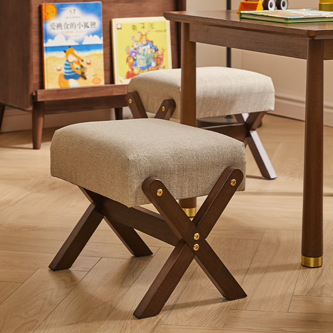 Tabouret bas moderne minimaliste rectangulaire en forme de X avec cadre en bois et tissu en coton et lin pour salon 