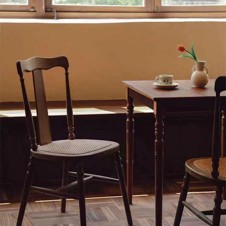 Respaldo de silla de comedor vintage tradicional cuadrado de ratán y madera de caucho para comedor 