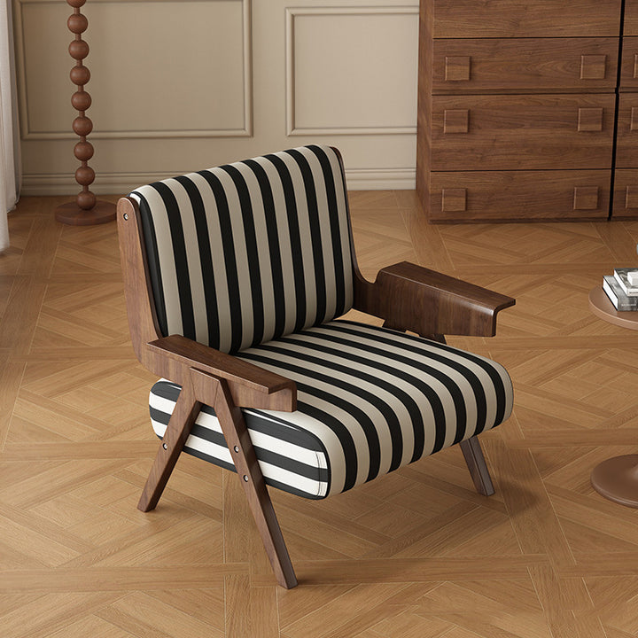 Fauteuil d'appoint en bois de frêne avec dossier et accoudoirs en tissu rayé rectangulaire traditionnel français pour salon 