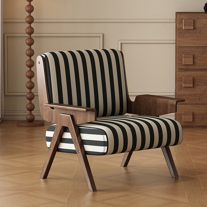 Fauteuil d'appoint en bois de frêne avec dossier et accoudoirs en tissu rayé rectangulaire traditionnel français pour salon 