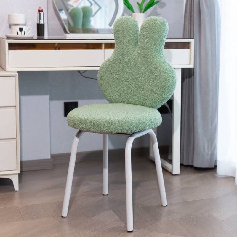 Taburete contemporáneo redondo creativo tapizado con respaldo en forma de conejo de lana de cordero y estructura de hierro para tocador en el dormitorio 