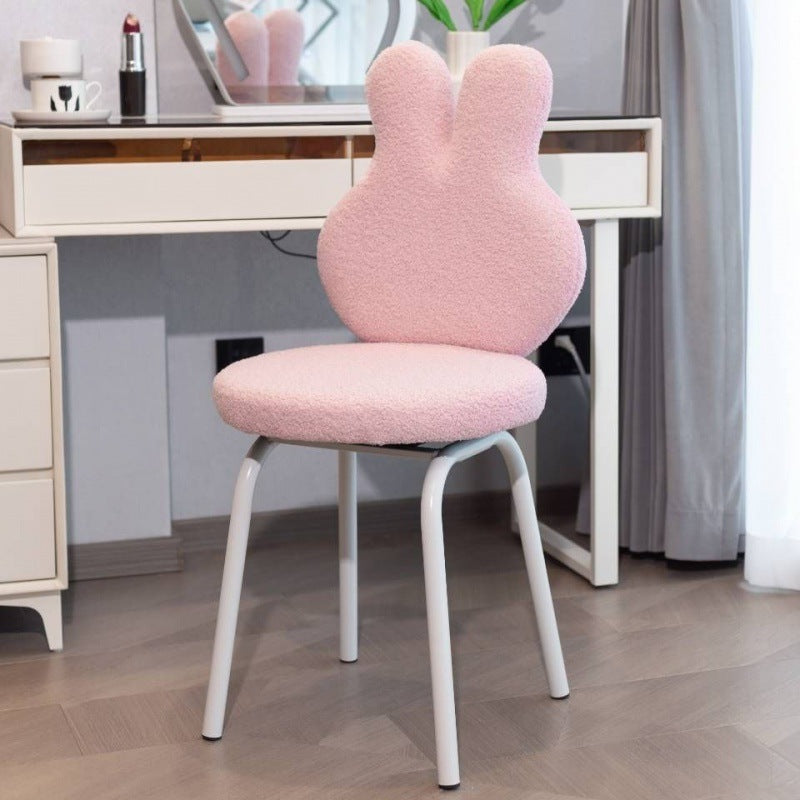 Taburete contemporáneo redondo creativo tapizado con respaldo en forma de conejo de lana de cordero y estructura de hierro para tocador en el dormitorio 