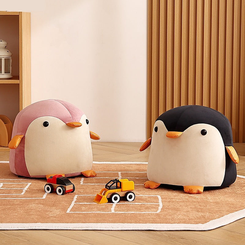 Contemporary Creative Kids Penguin Velvet Solid Wood Low Stool For Living Room