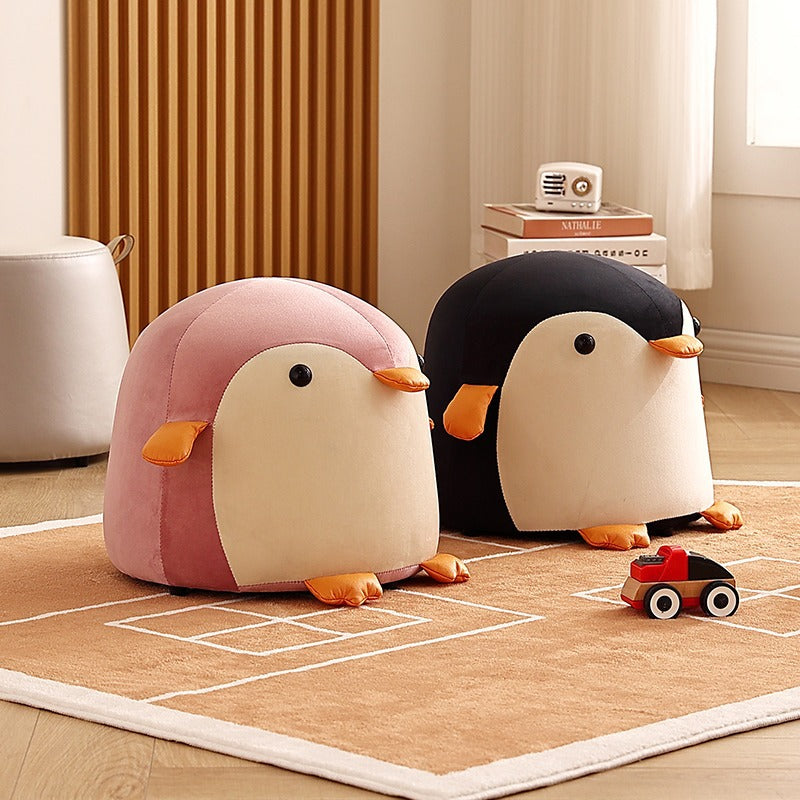 Contemporary Creative Kids Penguin Velvet Solid Wood Low Stool For Living Room