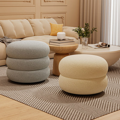 Contemporary Creative Multi-Level Round Lambswool Solid Wood Frame Low Stool For Living Room