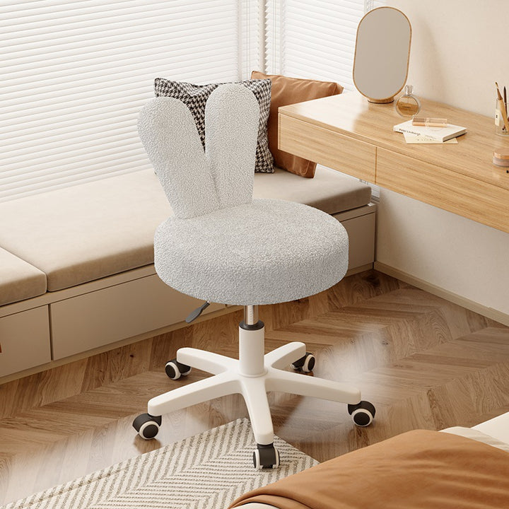 Taburete de tocador con respaldo en forma de conejo redondo, creativo y contemporáneo, de tela sherpa y estructura metálica, para dormitorio 