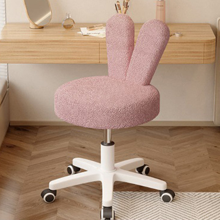 Taburete de tocador con respaldo en forma de conejo redondo, creativo y contemporáneo, de tela sherpa y estructura metálica, para dormitorio 