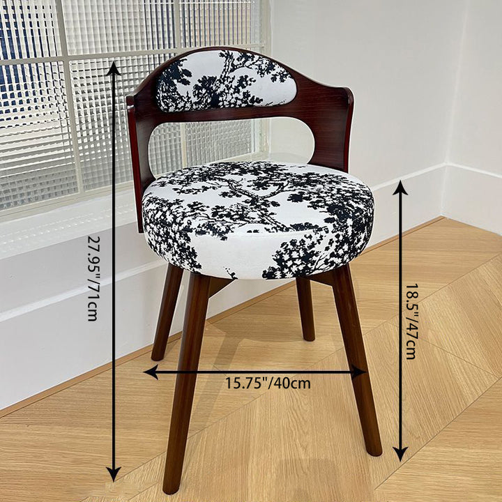 Taburete de tocador contemporáneo de estilo retro, giratorio, redondo, tapizado, con estructura de madera maciza, tela y respaldo para dormitorio 