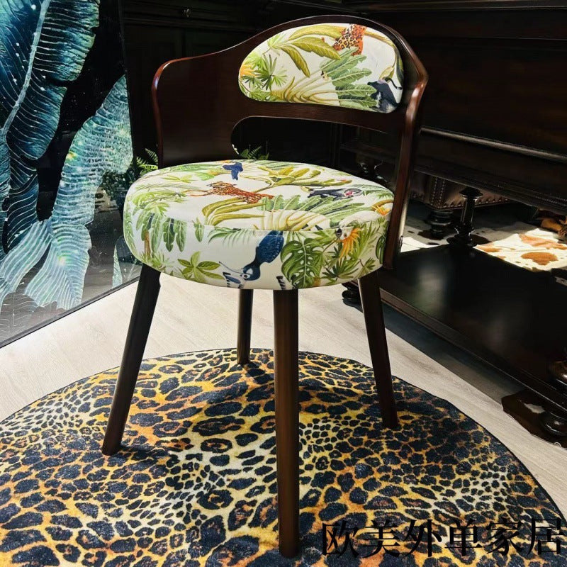 Taburete de tocador contemporáneo de estilo retro, giratorio, redondo, tapizado, con estructura de madera maciza, tela y respaldo para dormitorio 