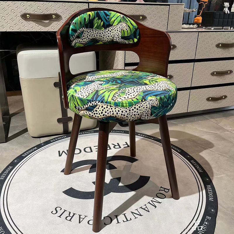 Contemporary Retro Swivel Round Upholstered Wood Frame Fabric Vanity Stool Backrest For Bedroom