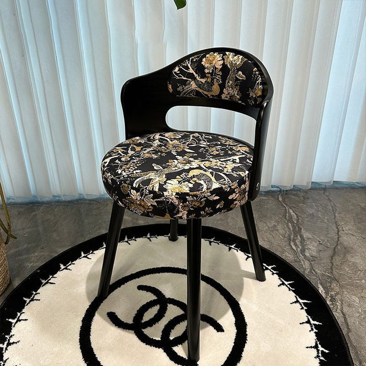 Taburete de tocador contemporáneo de estilo retro, giratorio, redondo, tapizado, con estructura de madera maciza, tela y respaldo para dormitorio 