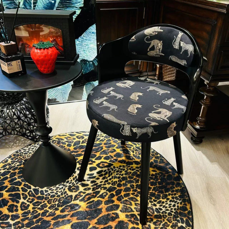 Taburete de tocador contemporáneo de estilo retro, giratorio, redondo, tapizado, con estructura de madera maciza, tela y respaldo para dormitorio 